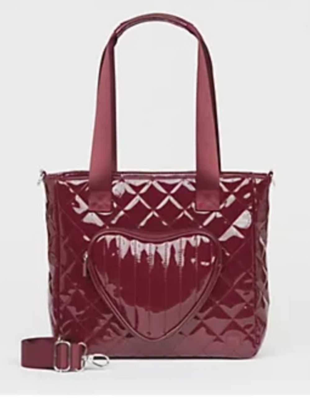 Ihqwip Quilted Patent Heart Tote Bag in Deep Burgundy